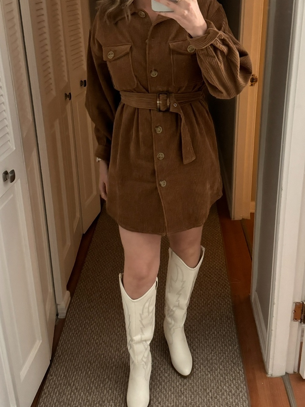 LUSH Corduroy Button-Front Belted Shirt Dress Jacket - Brown Size Medium